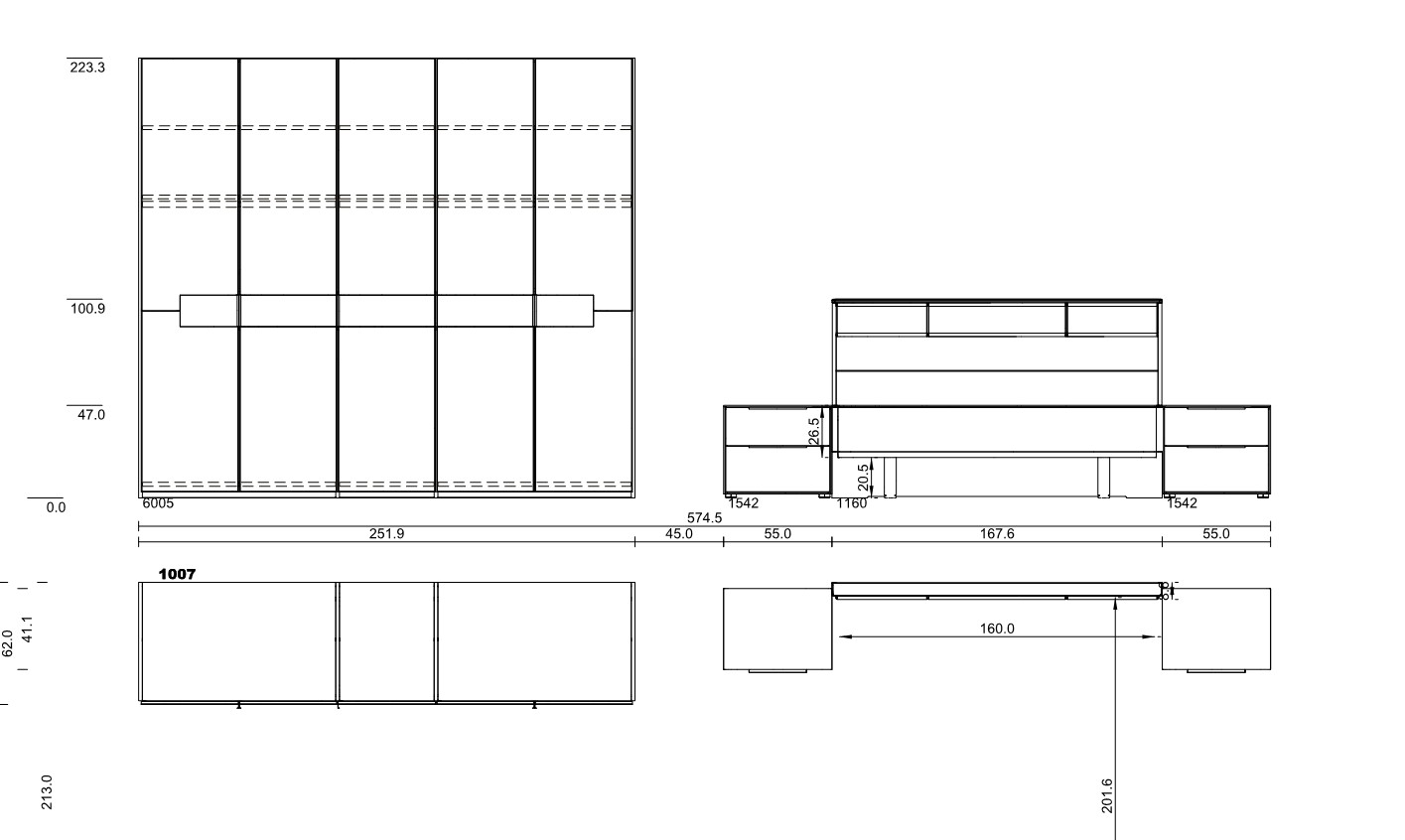 Maßzeichnung eines fünftürigen Schrankes und einem Bett mit Nachtschränken vor weißem Hintergrund