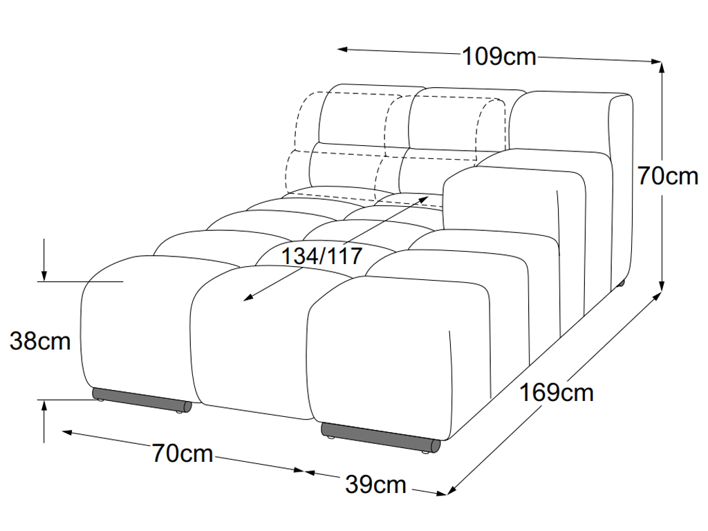 designwerk Temple - Recamiere small Armteil rechts | B: 109 cm | mit Rückenverstellung | D021138 Maßzeichnung eines Sofaelements vor weißem Hintergrund designwerk Temple