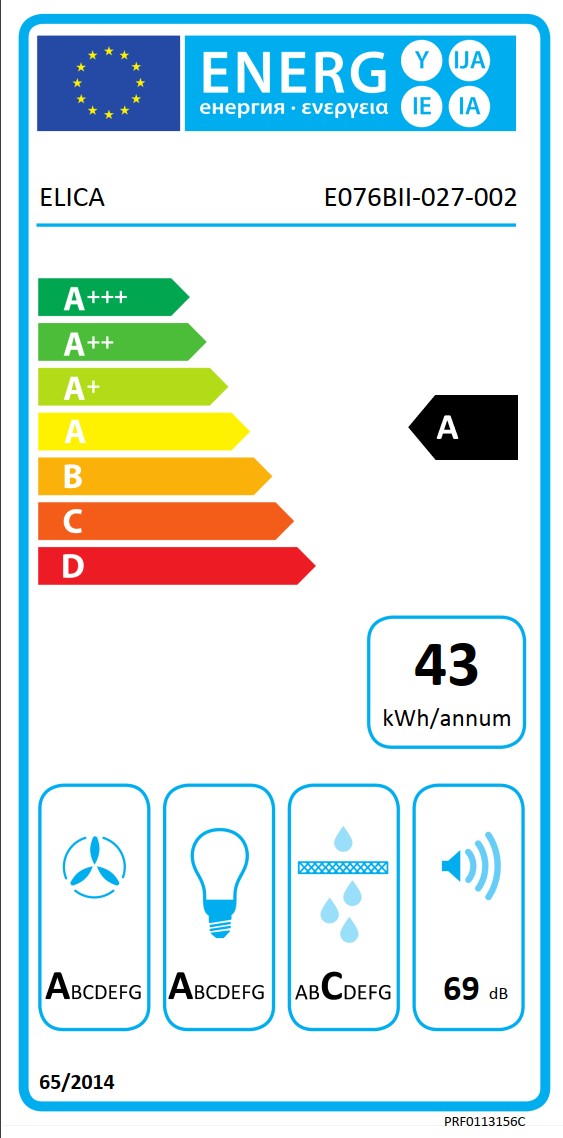 Energieeffizienzkennzeichnung eines FABER Küchengeräts mit Energieeffizienzklasse C, einem jährlichen Verbrauch von 60 kWh und einer Lautstärke von 68 dB