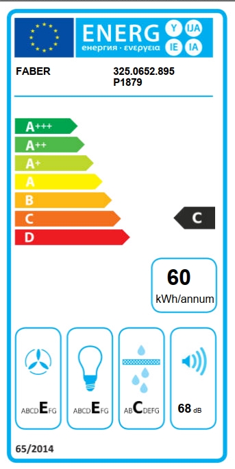 Energieeffizienzkennzeichnung eines FABER Küchengeräts mit Energieeffizienzklasse C, einem jährlichen Verbrauch von 60 kWh und einer Lautstärke von 68 dB