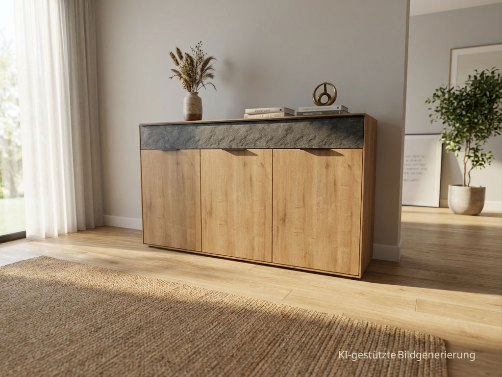 braune moderne Holzkommode mit graumeliertere Schublade stilvoll dekoriert in eine modernen Raum