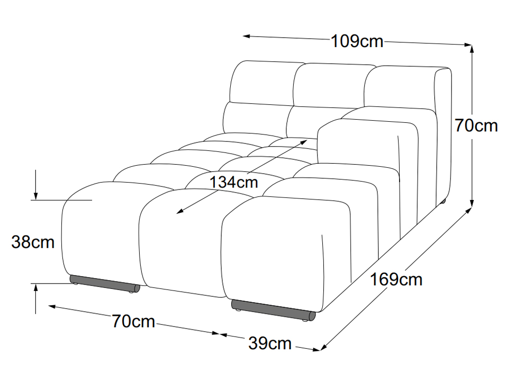 designwerk Temple - Recamiere small Armteil rechts | B: 109 cm | ohne Funktion | D021143 Maßzeichnung eines Sofaelements vor weißem Hintergrund designwerk Temple