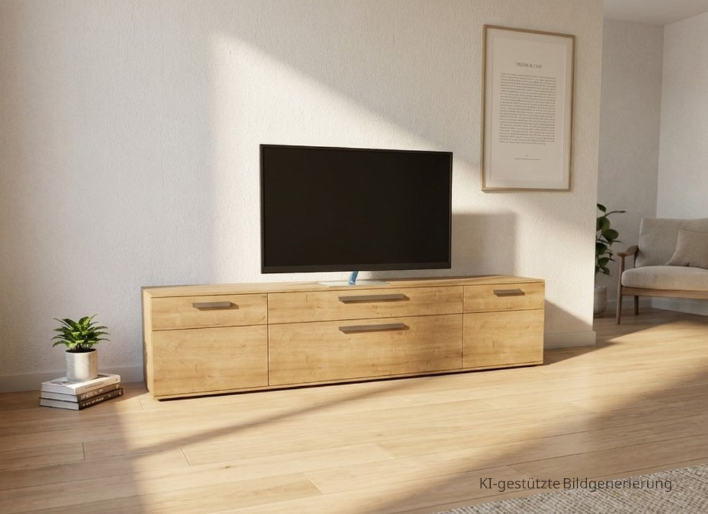 Modernes braunes Lowboard mit markanten Griffen stilvoll dekoriert in einem modernen Zimmer, Bild KI generiert