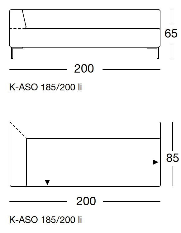 Maßzeichnung eines Sofaelements vor weißem Hintergrund freistil Rolf Benz 185