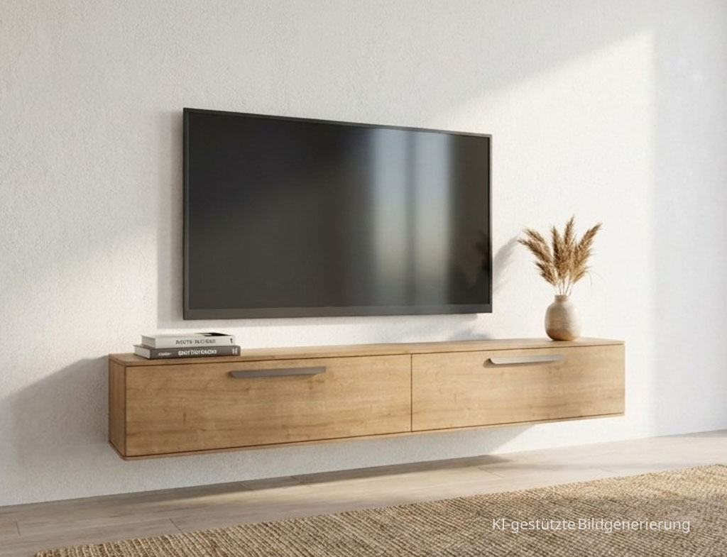 Modernes braunes Hängelowboards mit markanten Griffen stilvoll dekoriert in einem modernen Zimmer, Bild KI generiert