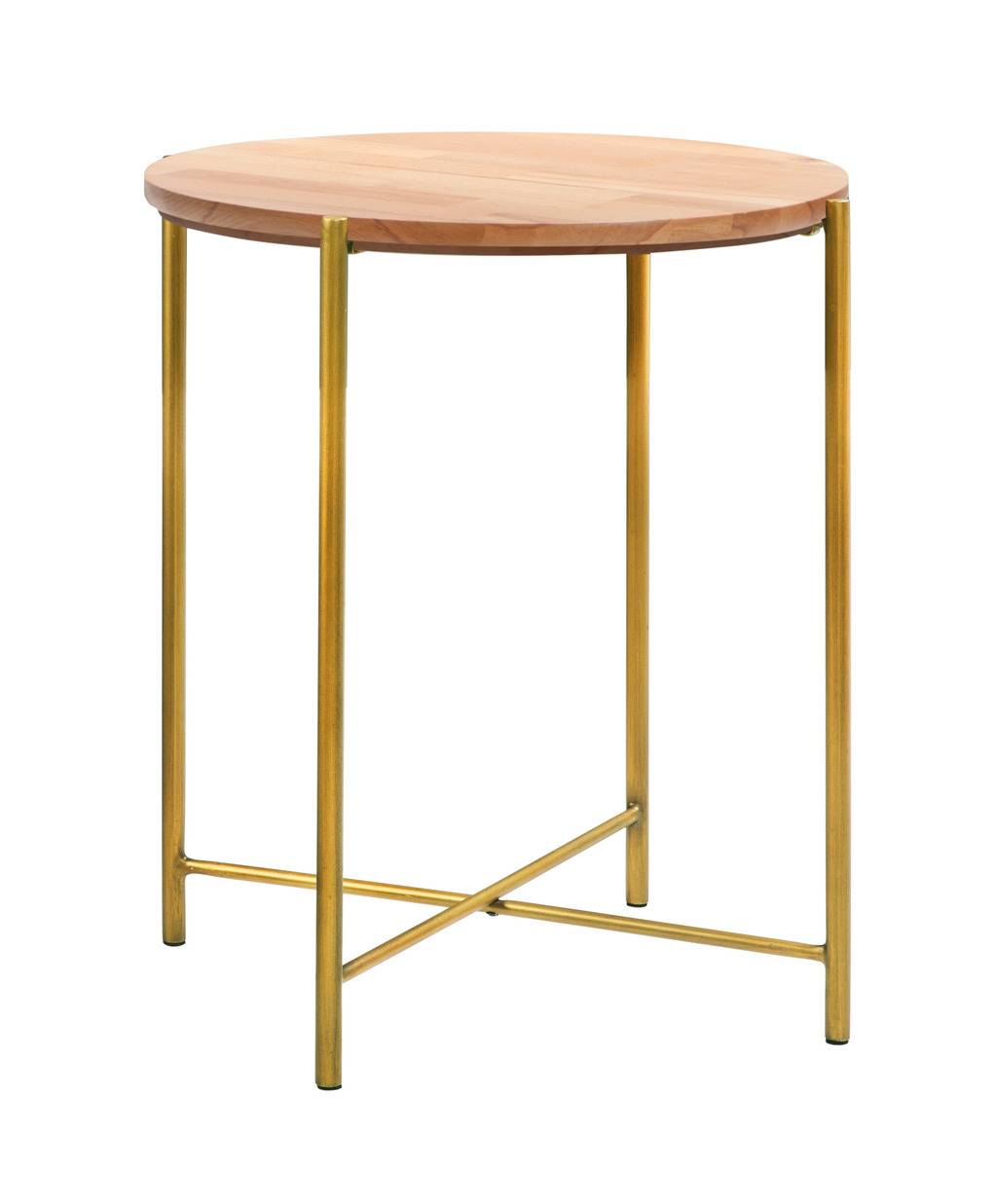 Kleiner brauner beistelltisch mit runder platte auf einem vierfüßigen metallgestell in bronze vor weißem hintergrund nali von hasena