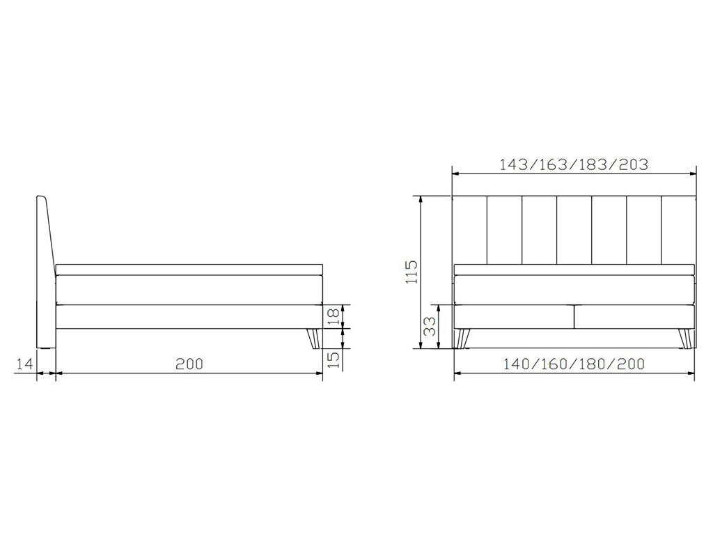 Eine technische Zeichnung, die das Boxspringbett in der Seiten- und Vorderansicht mit verschiedenen Maßen darstellt.