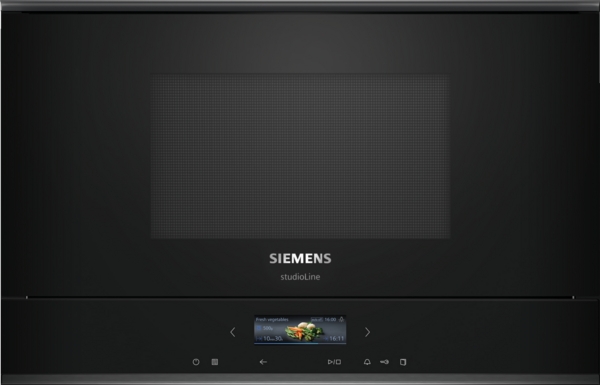 Siemens studioLine - Einbau-Mikrowelle iQ700 ( 60x38 cm) INKL. 5 JAHRE GARANTIE | BF922L1B1 Frontansicht der Siemens studioLine Mikrowelle mit integriertem Touchdisplay