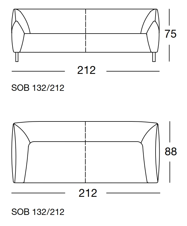 Maßzeichnung eines Sofaelements vor weißem Hintergrund freistil Rolf Benz 132