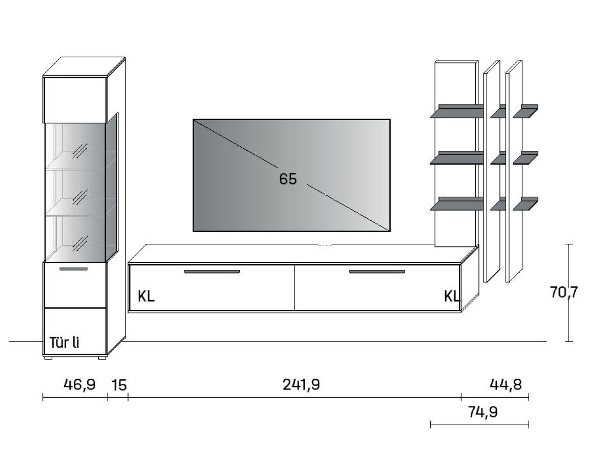 Maßzeichnung einer Wohnwandkombination vor weißem Hintergrund
