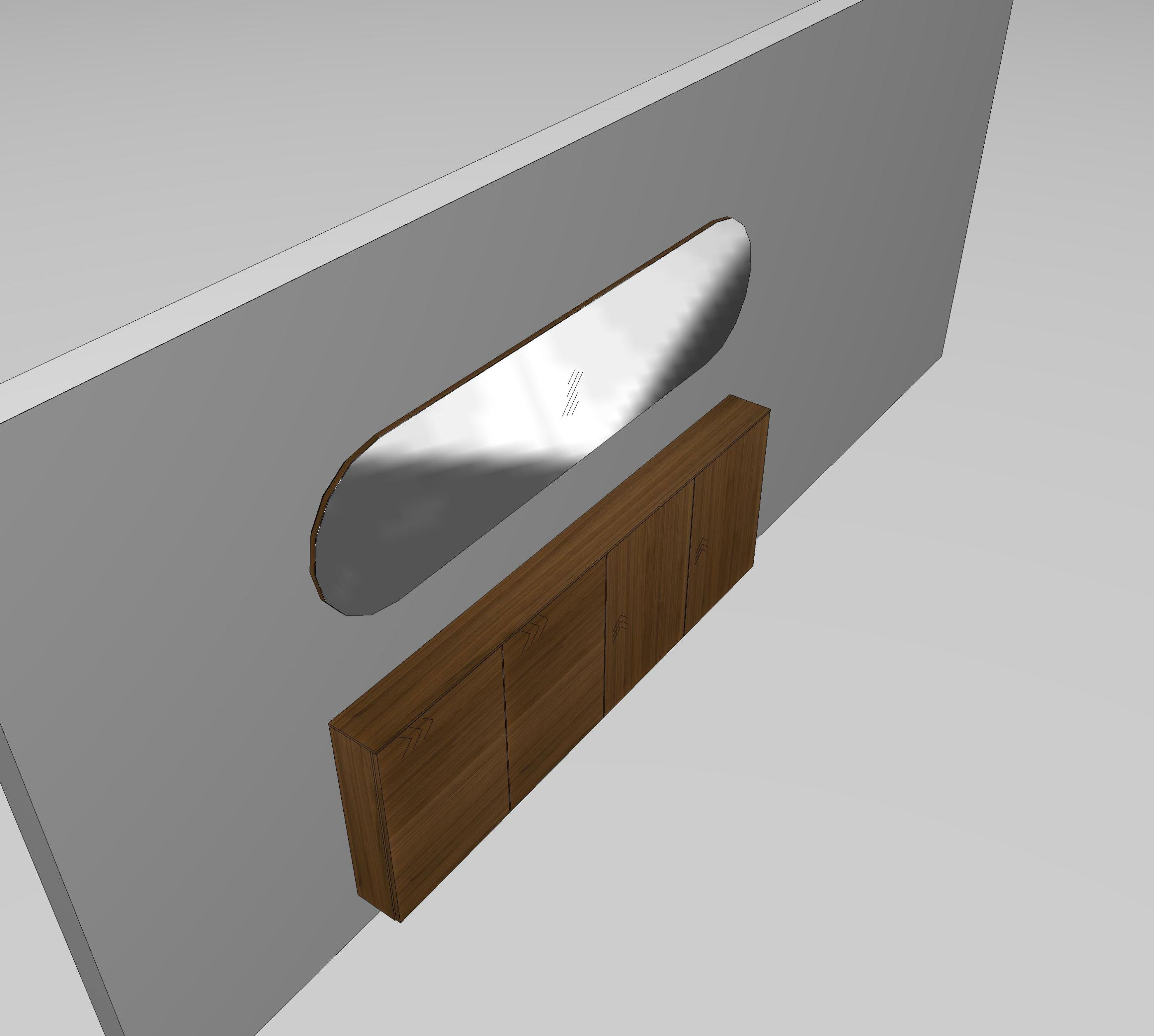 Draufsicht auf einen hängenden Holzschrank mit integriertem ovalem Spiegel an der Wand