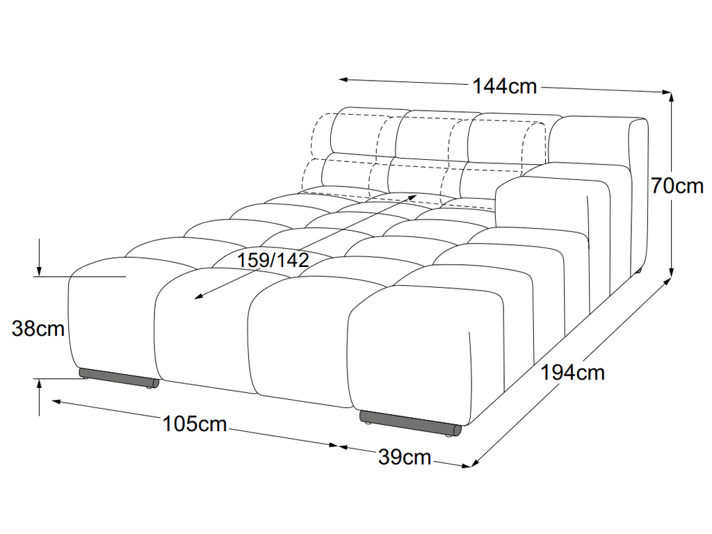 designwerk Temple - Recamiere large Armteil rechts | B: 144 cm | mit Rückenverstellung | D021140 Maßzeichnung eines Sofaelements vor weißem Hintergrund designwerk Temple