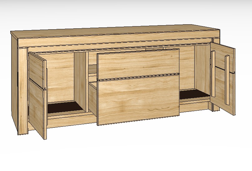 braunes Lowboard mit zwei Türen und zwei Schubladen vor weißem Hintergrund