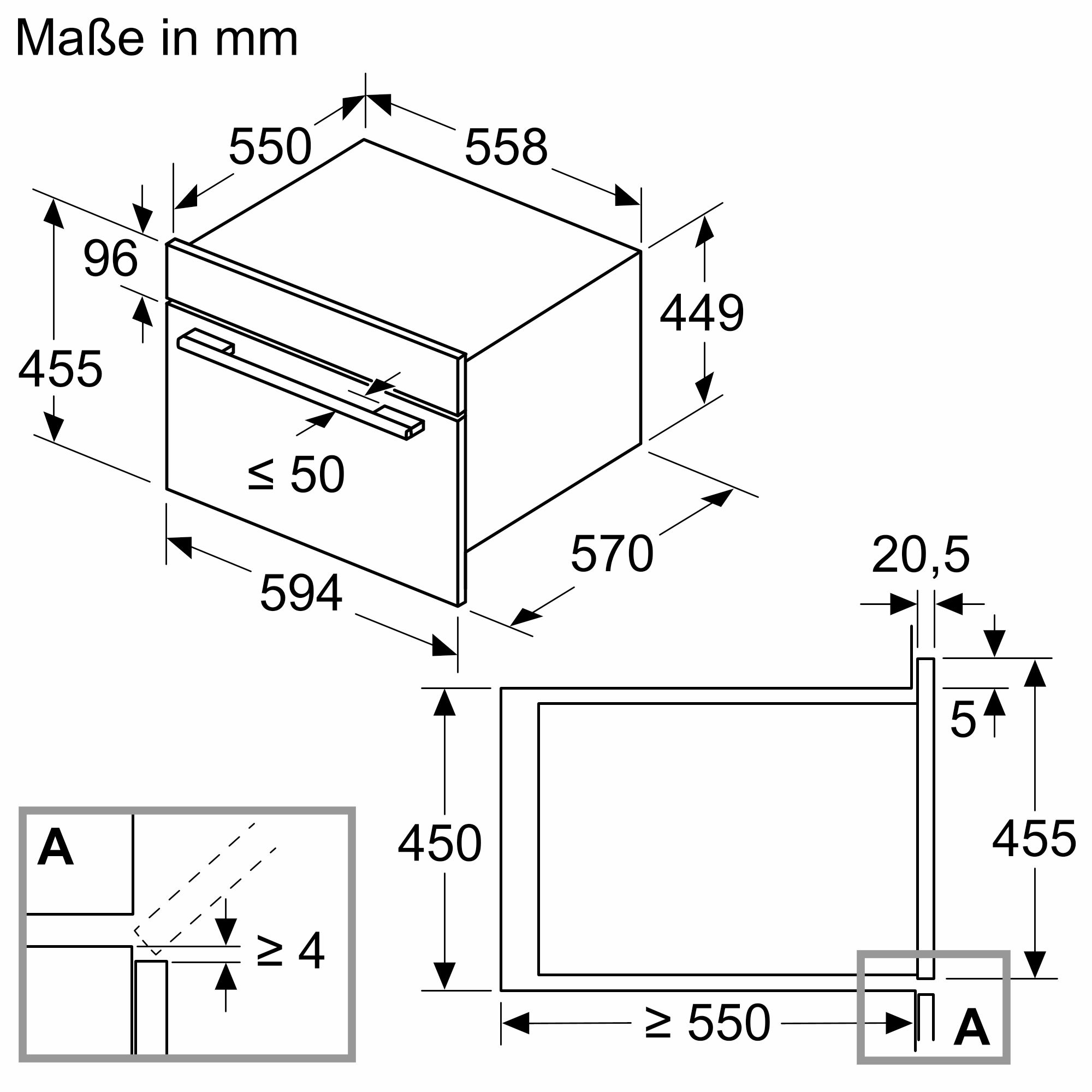 Technische Zeichnung mit den Maßangaben eines Backofens in Millimetern, einschließlich Breite, Höhe und Tiefe.