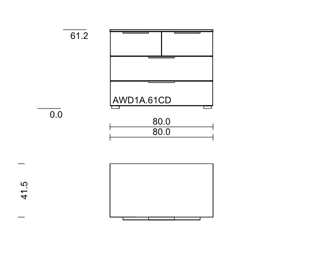 Maßzeichnung einer Kommode mit vier Schubladen vor weißem Hintergrund