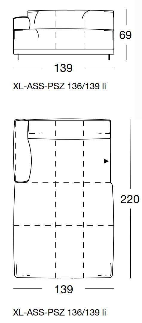 Maßzeichnung eines Sofaelements vor weißem Hintergrund freistil Rolf Benz 136