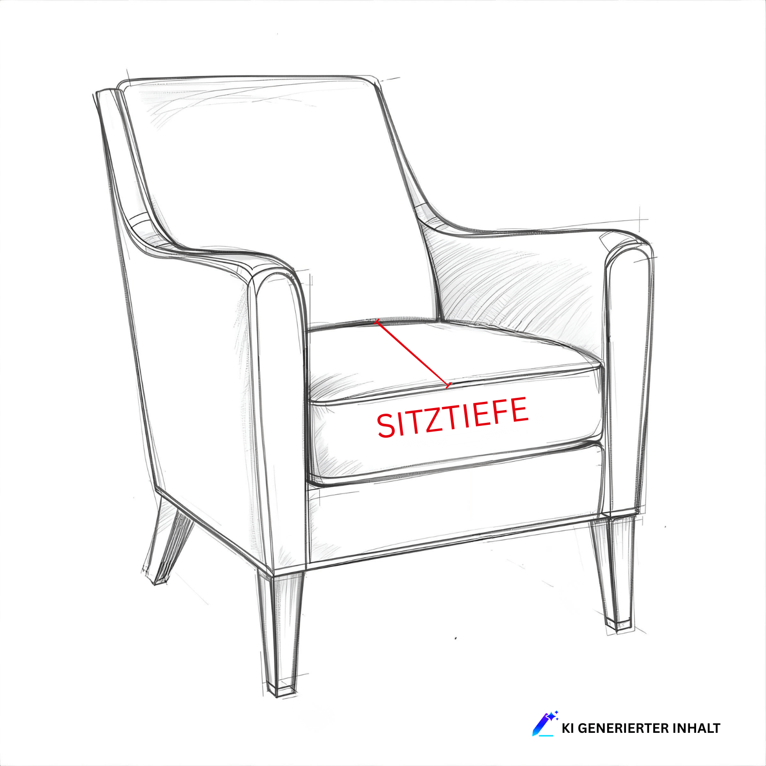 Bleistieftzeichnung eines Sessels mit Markierung der Sitztiefe in rot