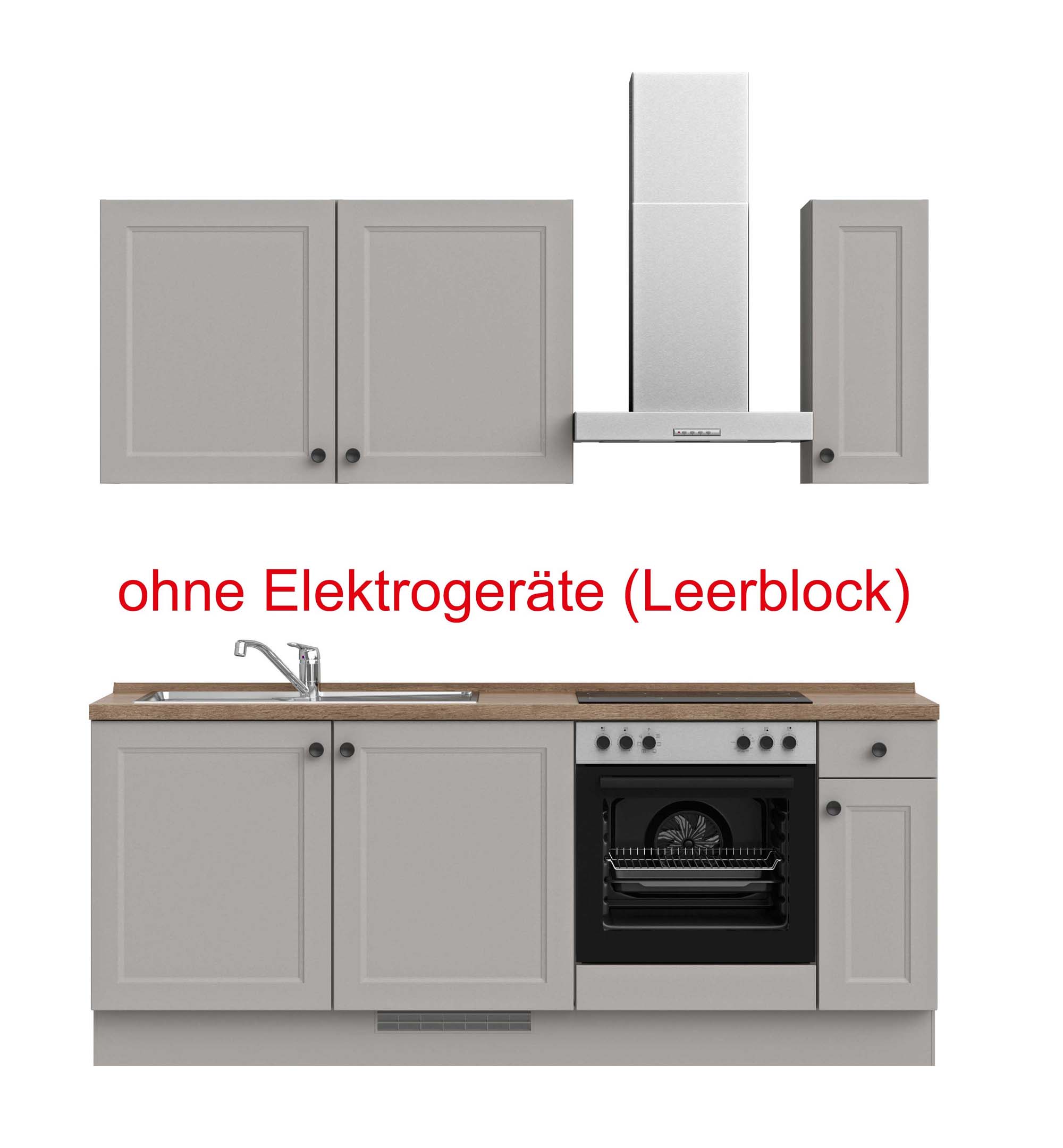 küchenzeile grau, braun mit Backofen, Herd, Dunstabzugshaube, Waschbecken, Armatur mit Hinweistext ohne Elektrogeräte (Leerblock) nobilia cascada