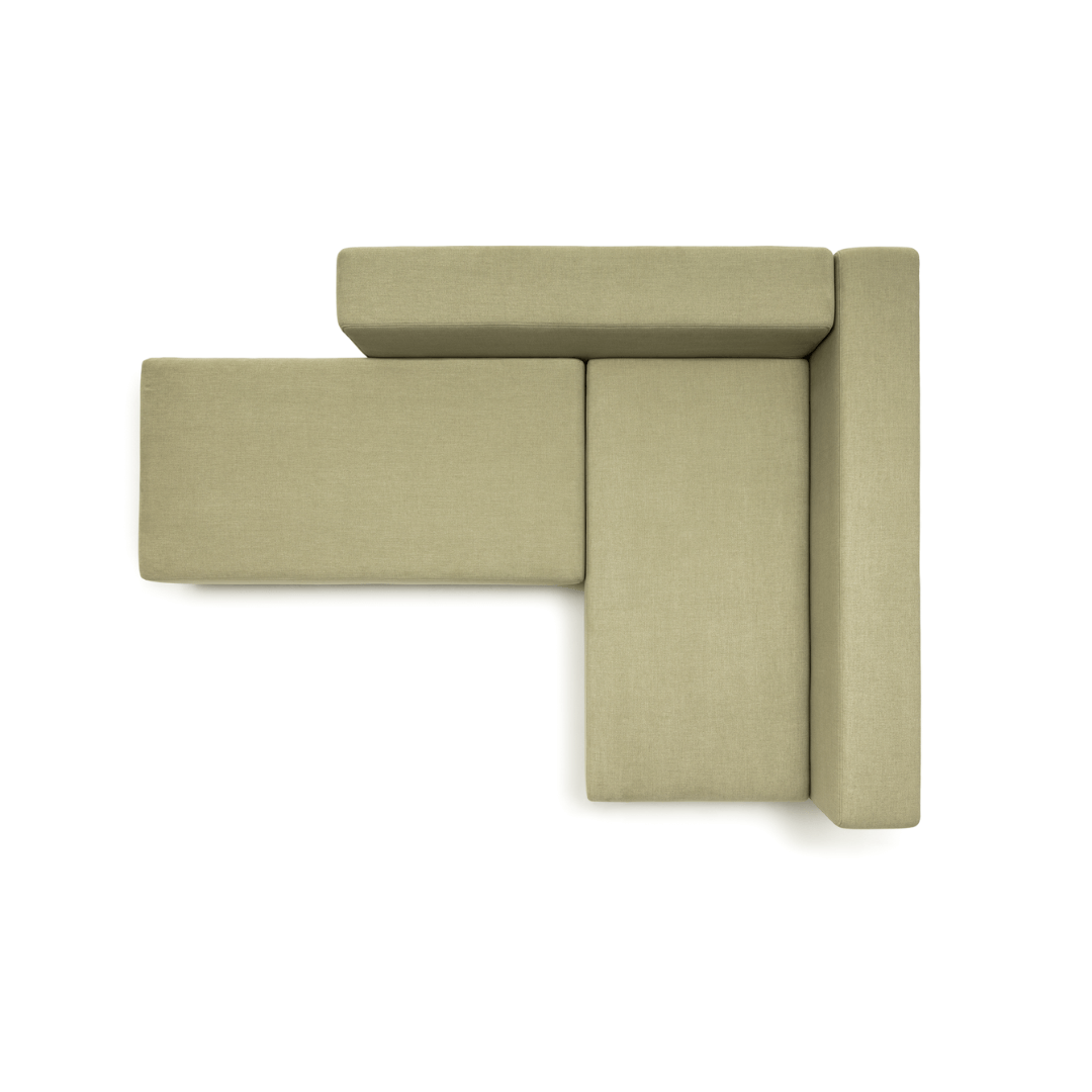 Vogelperspektive einer eleganten, beigen Eckcouch mit minimalistischem Design, geeignet für modernes Wohnen