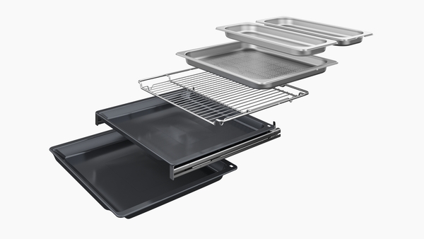 Explodierte Ansicht eines kompletten Backblech-Sets mit Grillrost und verschiedenen Backformen aus Edelstahl und Antihaftmaterial.