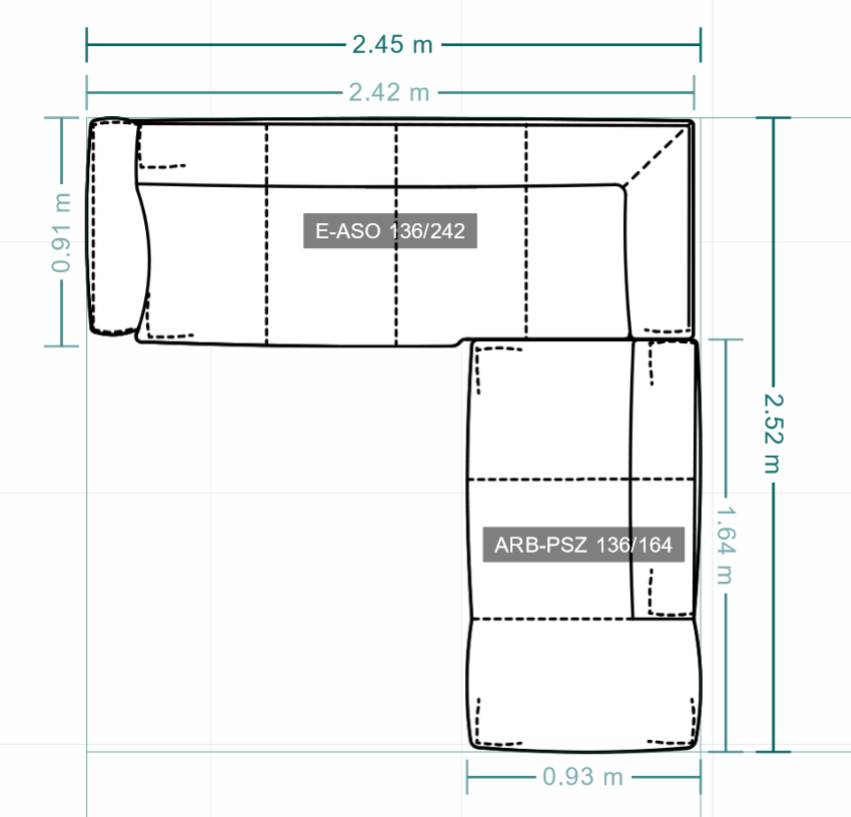 Technische Zeichnung eines Ecksofas mit Maßen: Breite 2,45 m, Tiefe 2,52 m, Höhe 0,91 m und speziellen Modulen E-ASO 136/242 und ARB-PSZ 136/164.