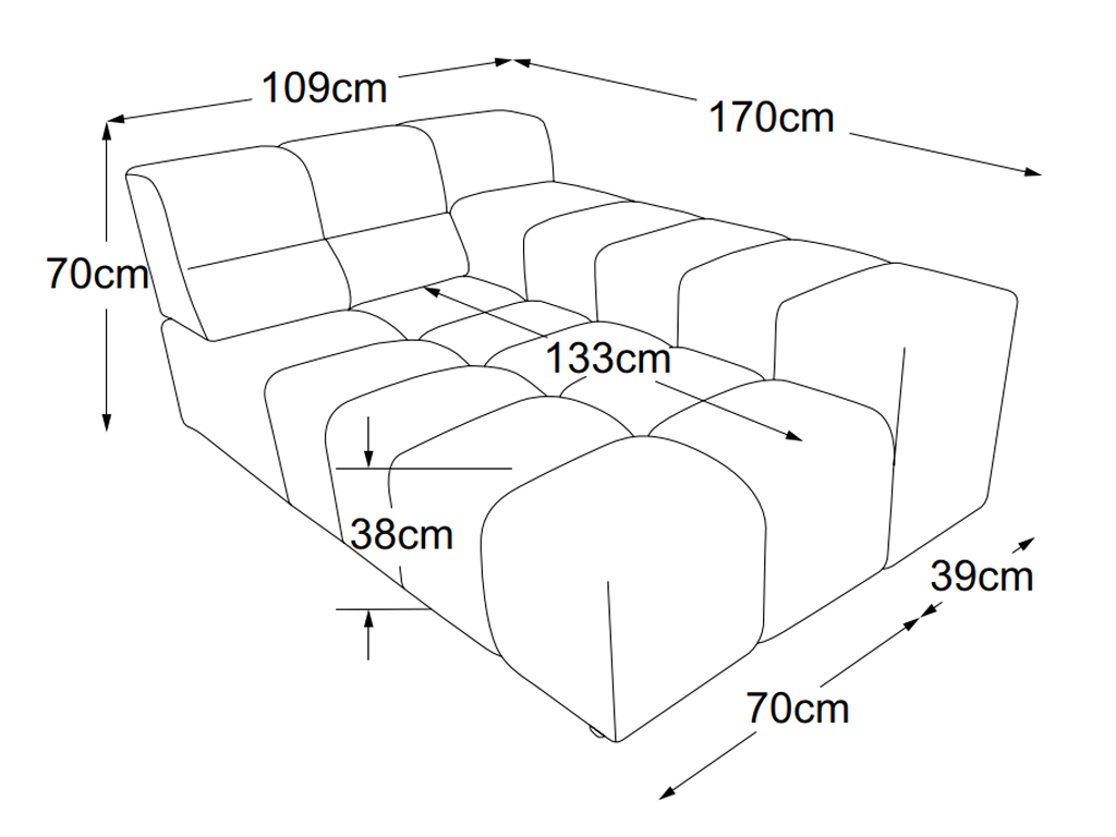 designwerk Temple - Longchair Armteil rechts | B: 109 cm | ohne Funktion | D021120 Maßzeichnung eines Sofaelements vor weißem Hintergrund designwerk Temple