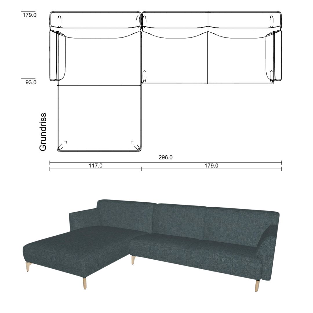 graues Sofa mit Recamiere und Designer Armlehnen