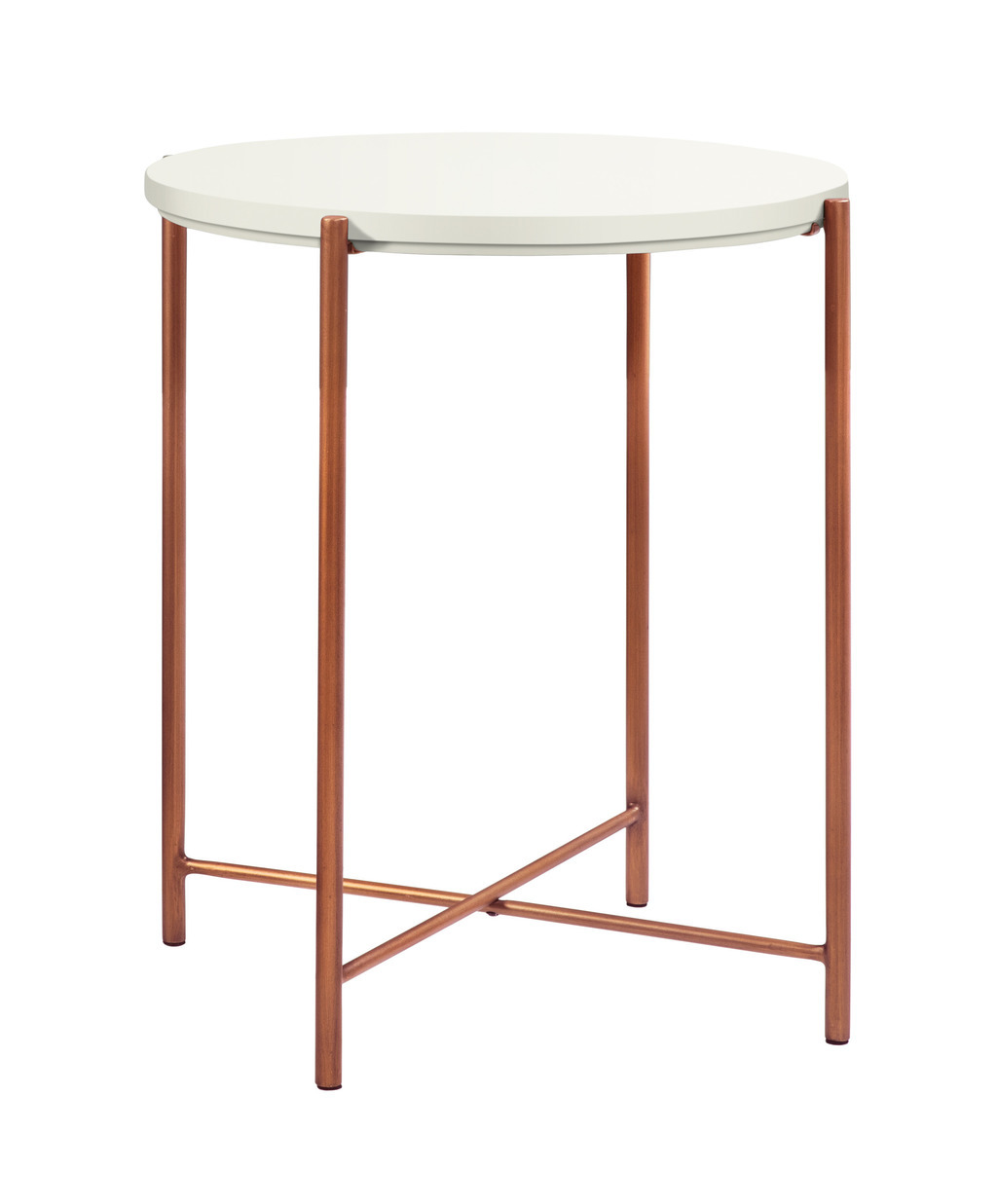 Kleiner weißer beistelltisch mit runder platte auf einem vierfüßigen metallgestell in kupfer vor weißem hintergrund nali von hasena