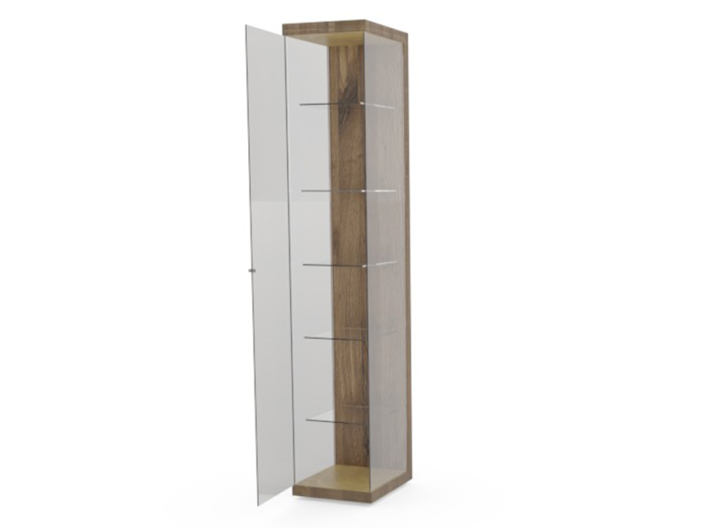 Schmale, hohe Vitrine aus Holz mit Glastür, mehrere Regalböden, modernes Design