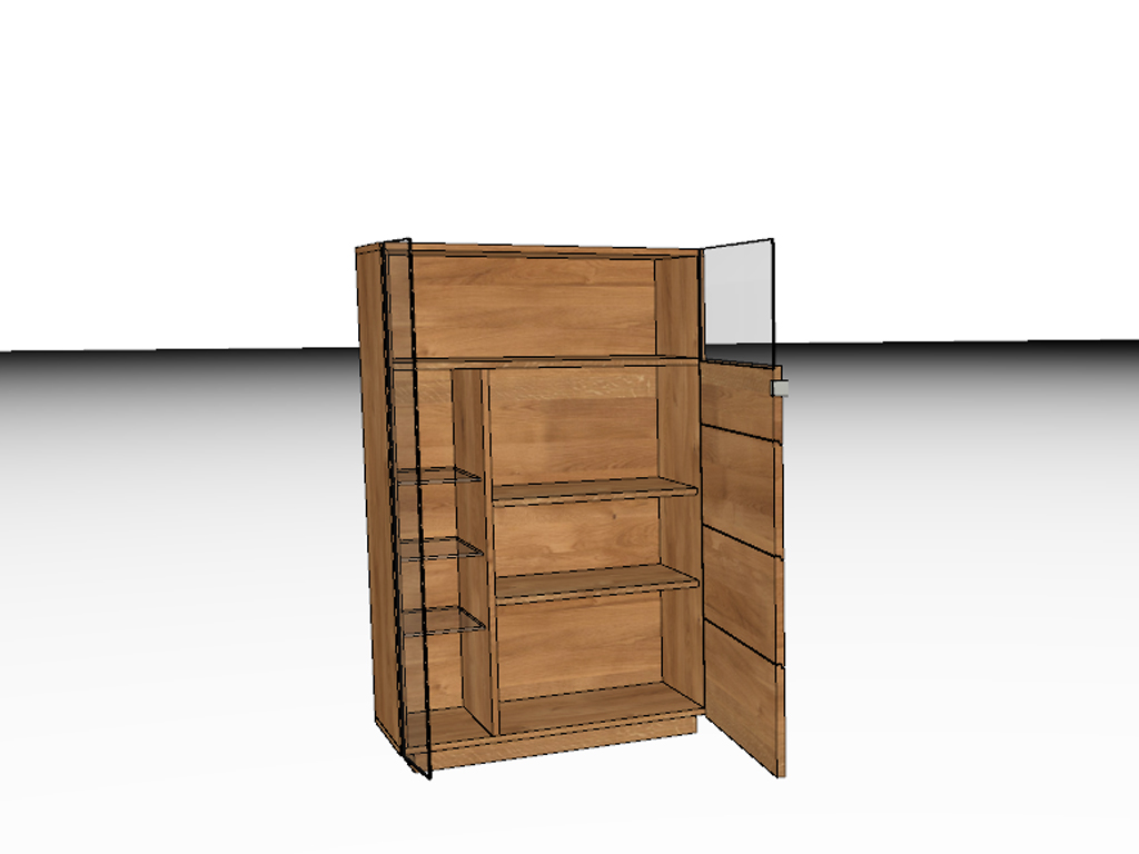 3D-Illustration eines modernen Holzschranks mit geöffneter Tür und mehreren Regalböden