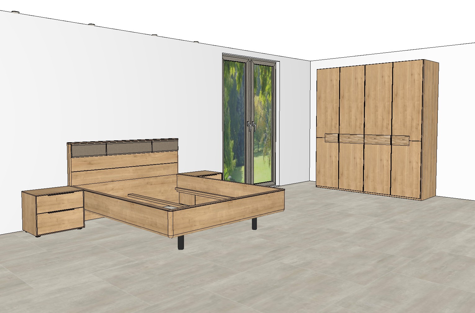 viertüriger brauner Kleiderschrank und Bett mit Nachtschränken als Planungsbild einem modernen Raum