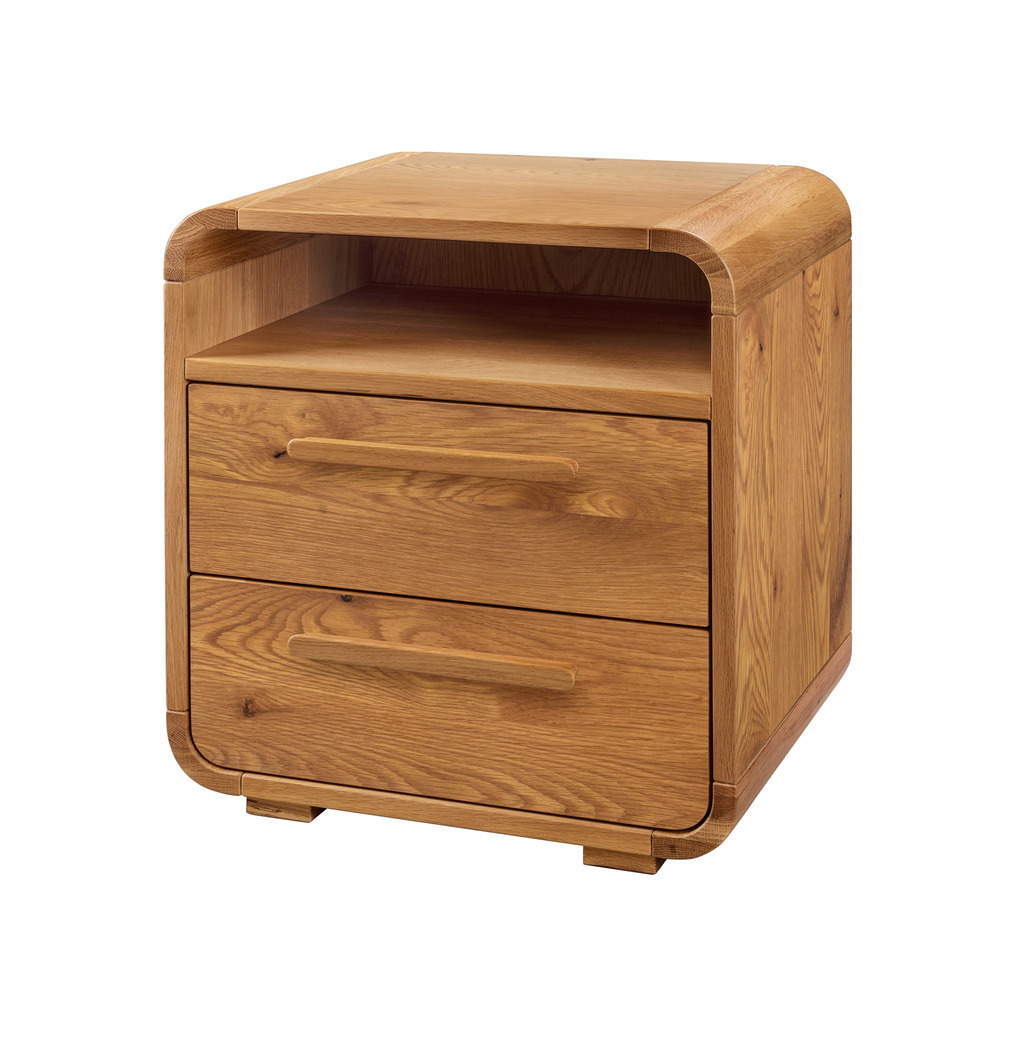 brauner Holznachttisch mit zwei Schubalden und offenem Fach mit abgerundeten Kanten vor weißem Hintergrund Presley von Hasena
