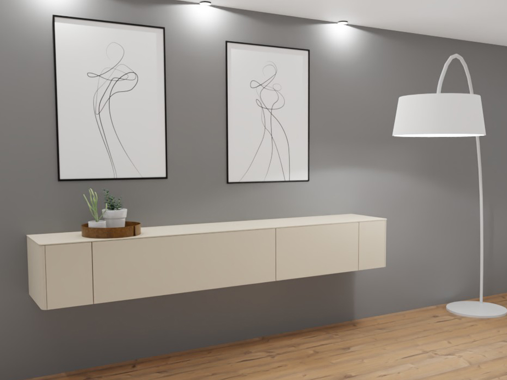 Sudbrock Goya - Lowboard | 2 Türen, 1 Schublade, 1 Klappe | B: 245,2 cm | Lack kaschmir Elegantes Wohnzimmerdesign mit einem beigen Schwebeschrank, zwei abstrakten Bildern und einer Stehlampe
