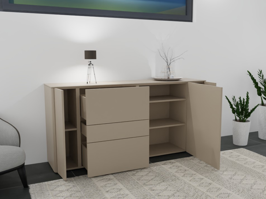 Beige Kommode mit offenen Türen und Schubladen, dekoriert mit Lampe und Pflanzen, in modernem Wohnzimmer