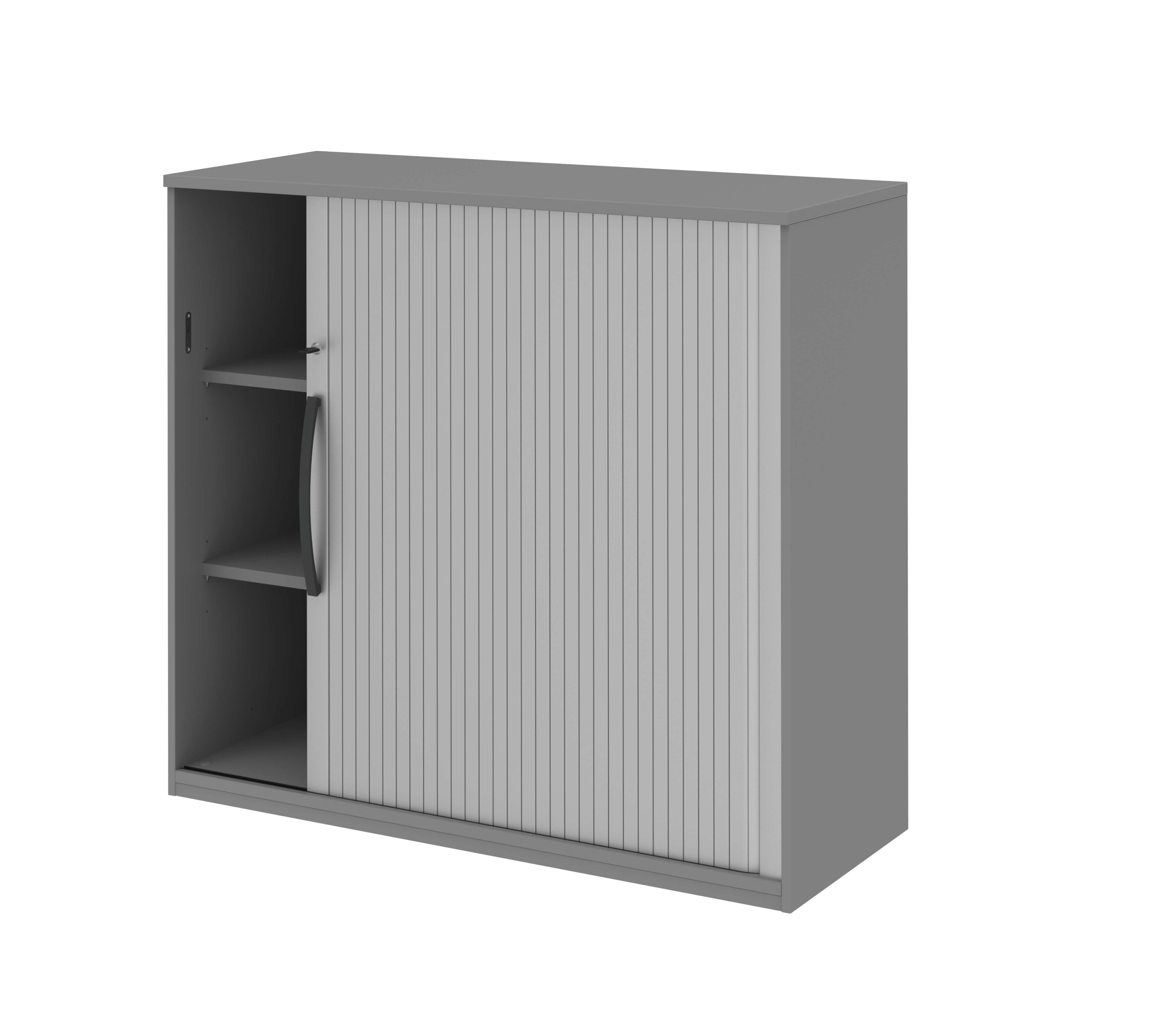 Röhr Bush. techno - Aktenschrank mit Jalousietür | B: 120,0 cm | mittelgrau Grau lackierter Büroschrank mit Rollladen und offenen Regalfächern