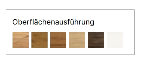 Oberflächenausführungen von sechs Farben in tabellenform vor weißem hintergrund