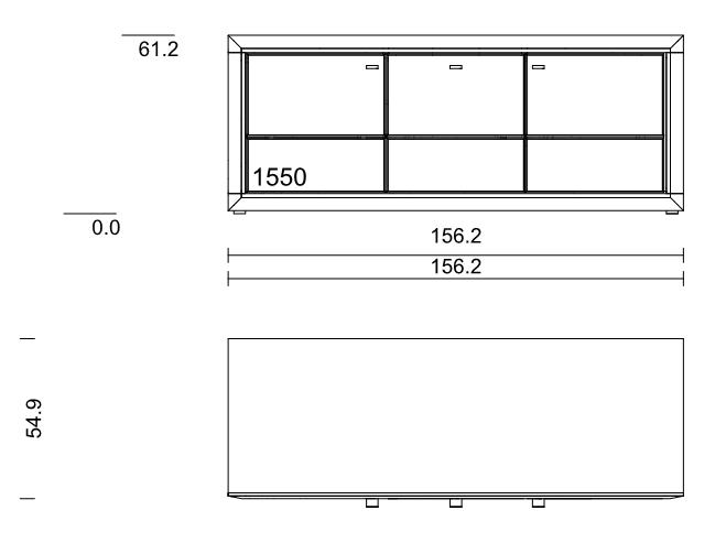 Abbildung zeigt eine technische Zeichnung eines modernen TV-Schranks. Maße: Breite 156,2 cm, Höhe 61,2 cm, Tiefe 54,9 cm. Mit Fächern für Kabelmanagement.