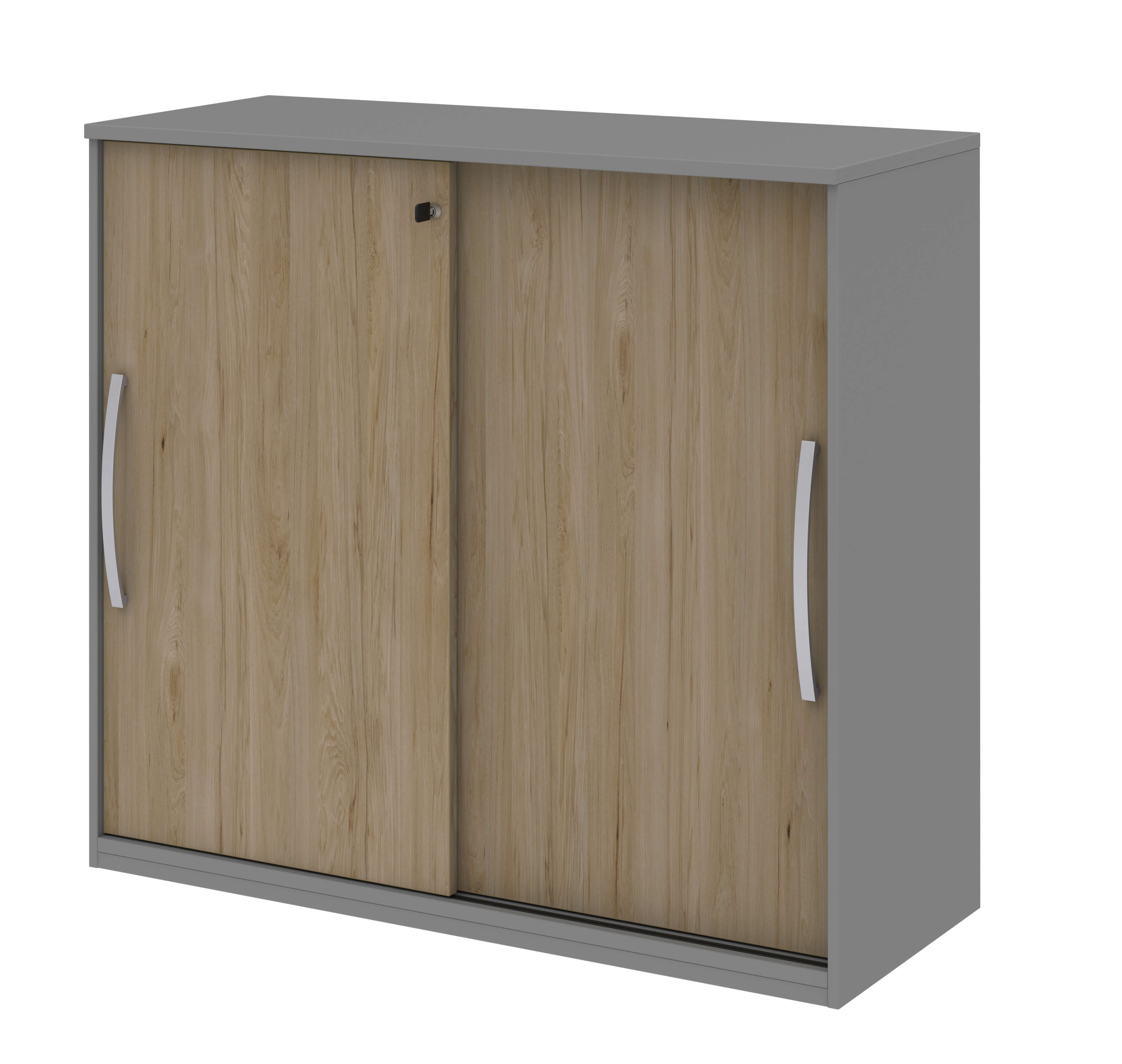 Röhr Bush. techno -  Schiebetürenschrank | B: 120,0 cm | Front Holzoptik | Korpus mittelgrau Grauer Schrank mit Schiebetüren aus Holz in Eichenoptik und silbernen Griffen