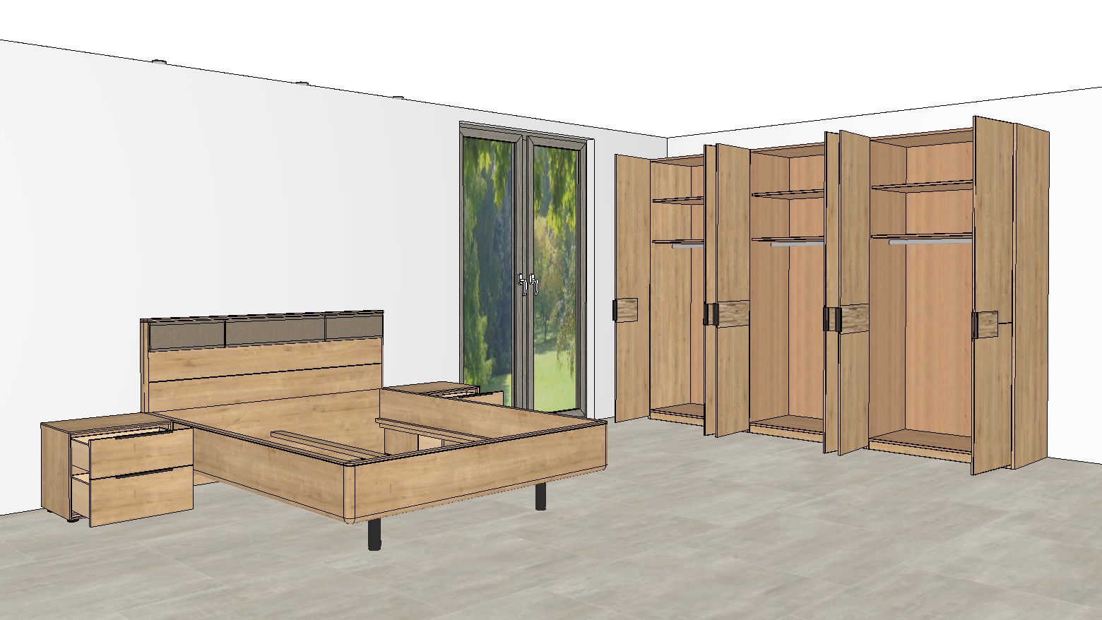 sechstüriger brauner Kleiderschrank und Bett mit Nachtschränken als Planungsbild einem modernen Raum