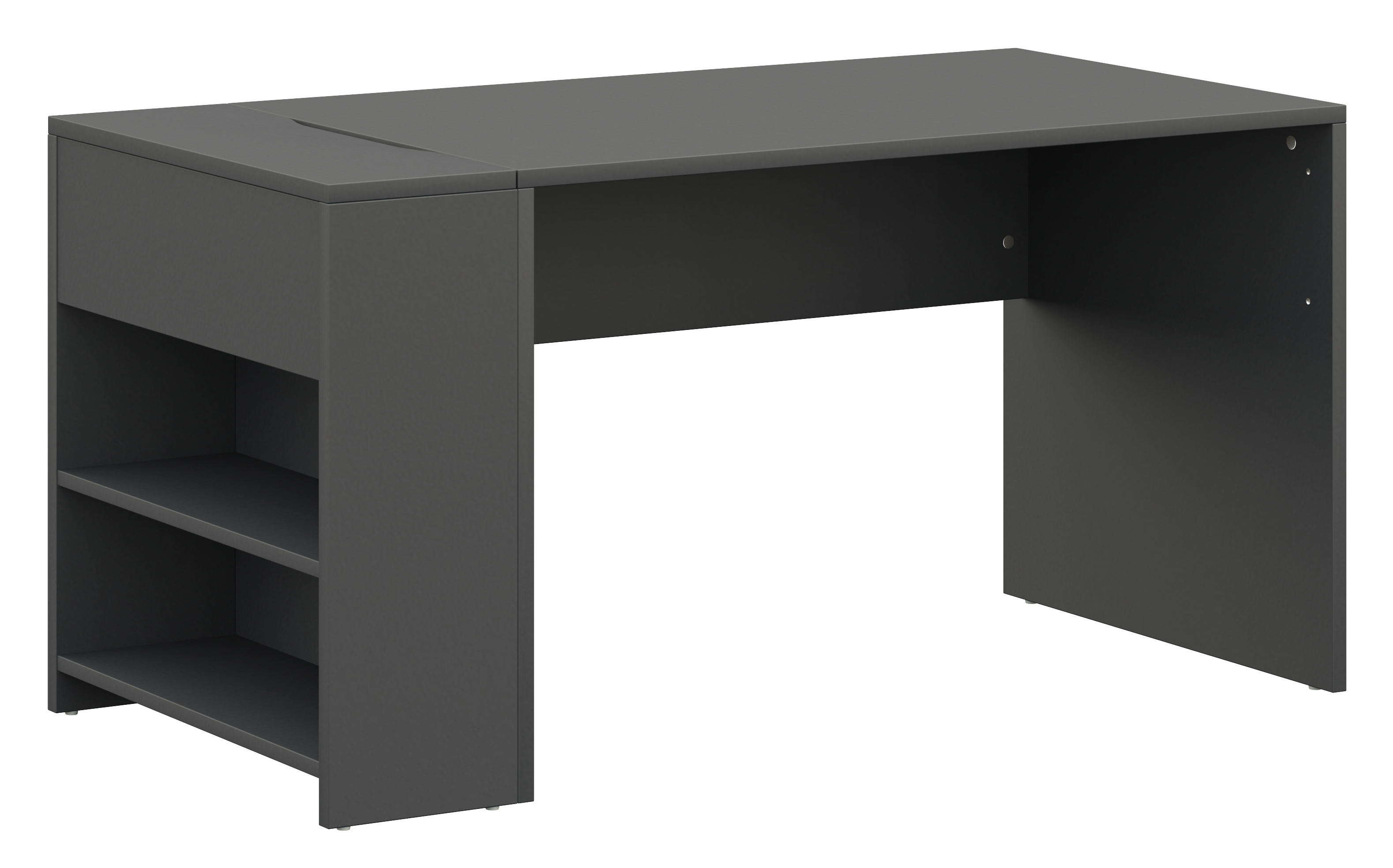 Schwarzer Schreibtisch aus Holz mit integriertem Regal auf der linken Seite
