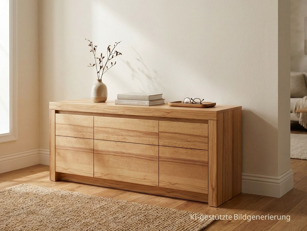 braunes Lowboard stilvoll dekoriert in einem modernen Zimmer, Bild KI generiert