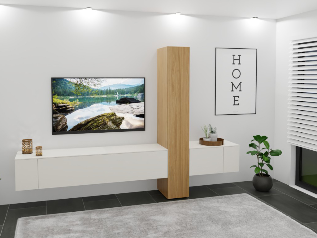 Sudbrock Cubo - Wohnwand | 3 Türen, 2 Klappen | B: 290,0 cm | Lack blütenweiß Elegantes Wohnzimmer mit Fernseher, Wandregalen, dekorativen Pflanzen und einem modernen Kunstwerk an der Wand