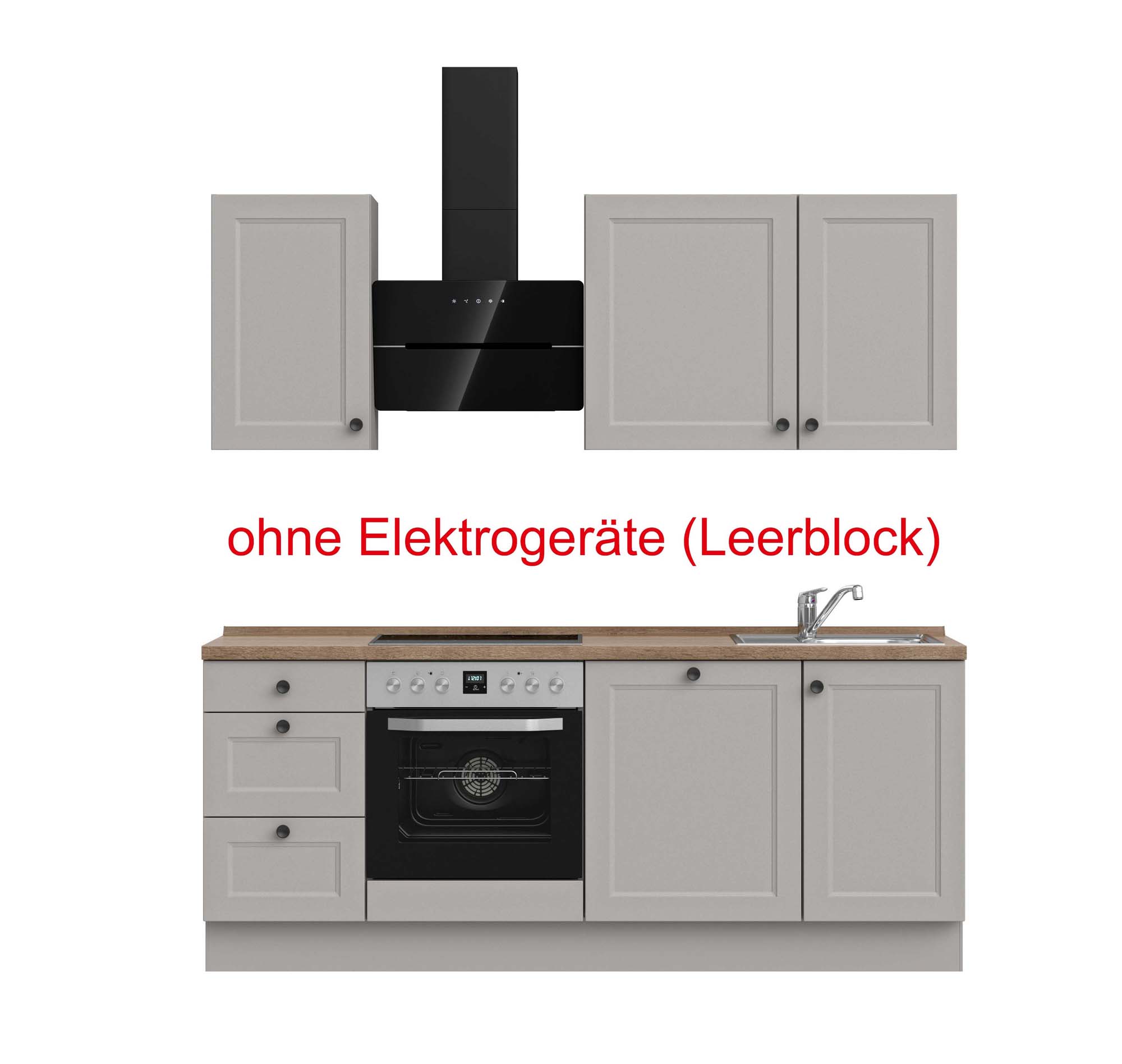 küchenzeile grau, braun mit Backofen, Herd, Dunstabzugshaube, Waschbecken, Armatur mit Hinweistext ohne Elektrogeräte (Leerblock) nobilia cascada