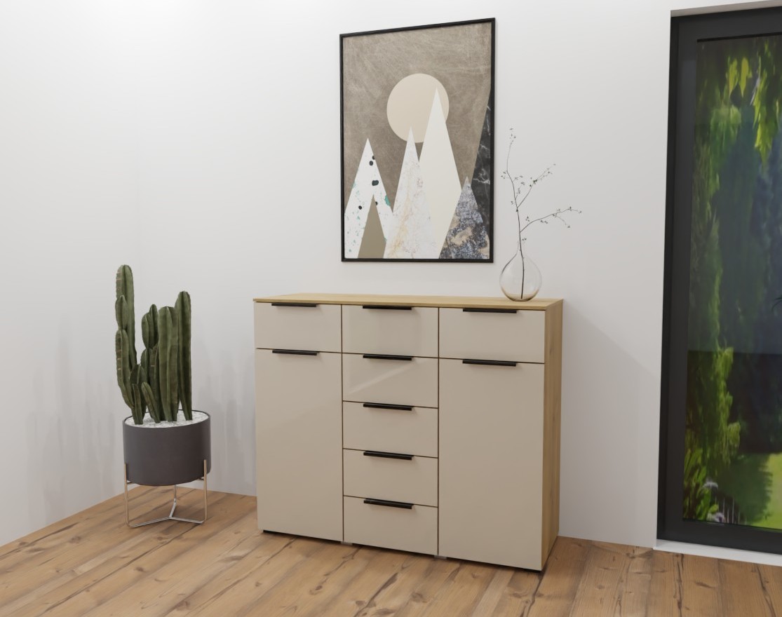 graue kommode mit schwarzen griffen und braunem korpus zwei türen und sieben schubladen stilvoll dekoriert in einem modernen zimmer