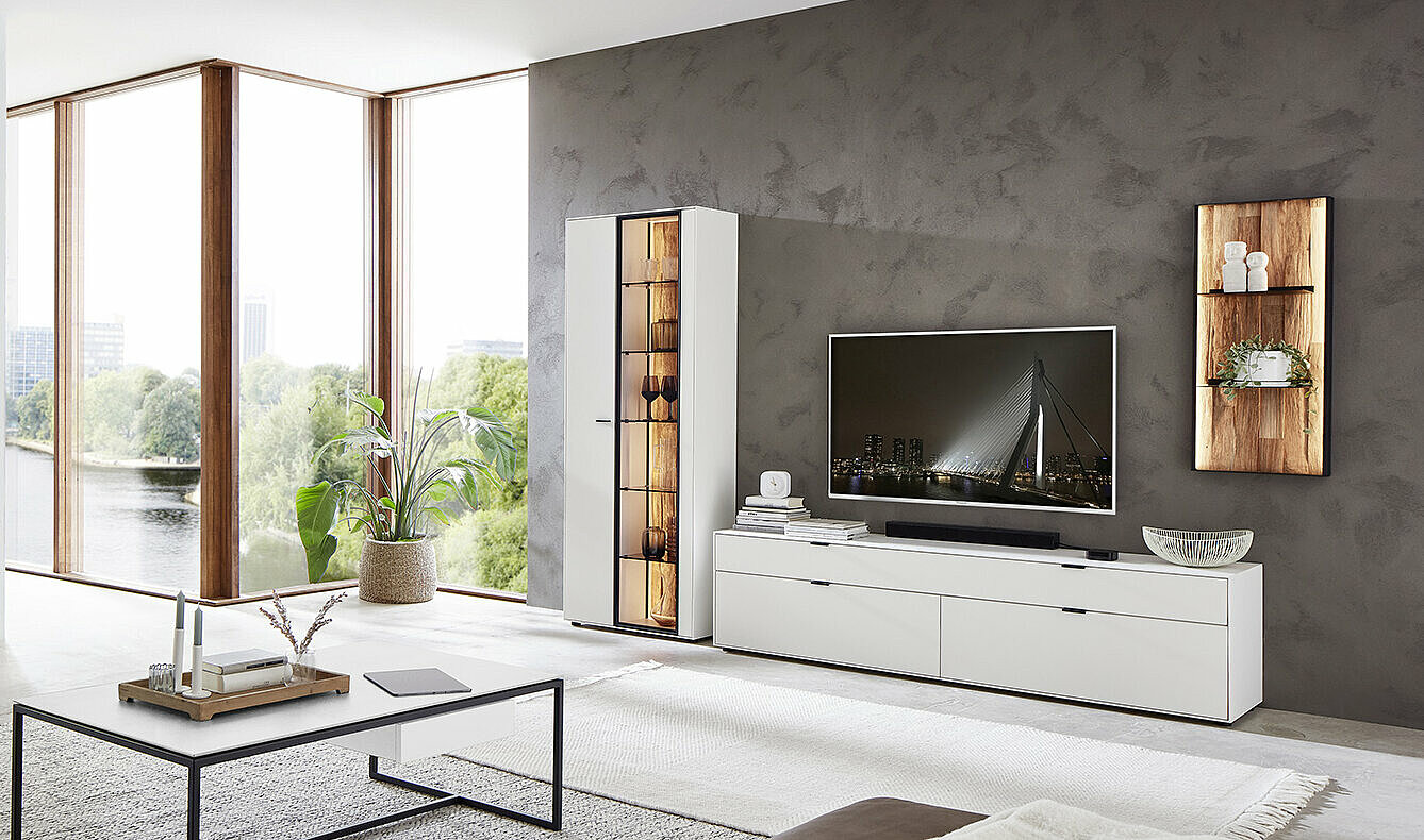 Wöstmann. WM 2470 | Wohnwand  | Type 0012/0112 Wohnzimmer mit modernem TV-Möbelset, grauer Wand, großer Fensterfront und Pflanzen