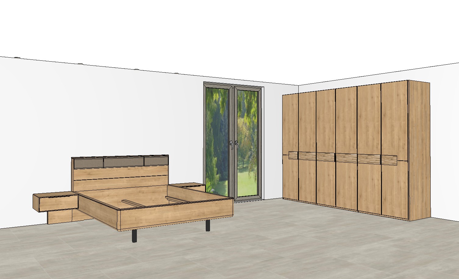 sechstüriger brauner Kleiderschrank und Bett mit Nachtschränken als Planungsbild einem modernen Raum