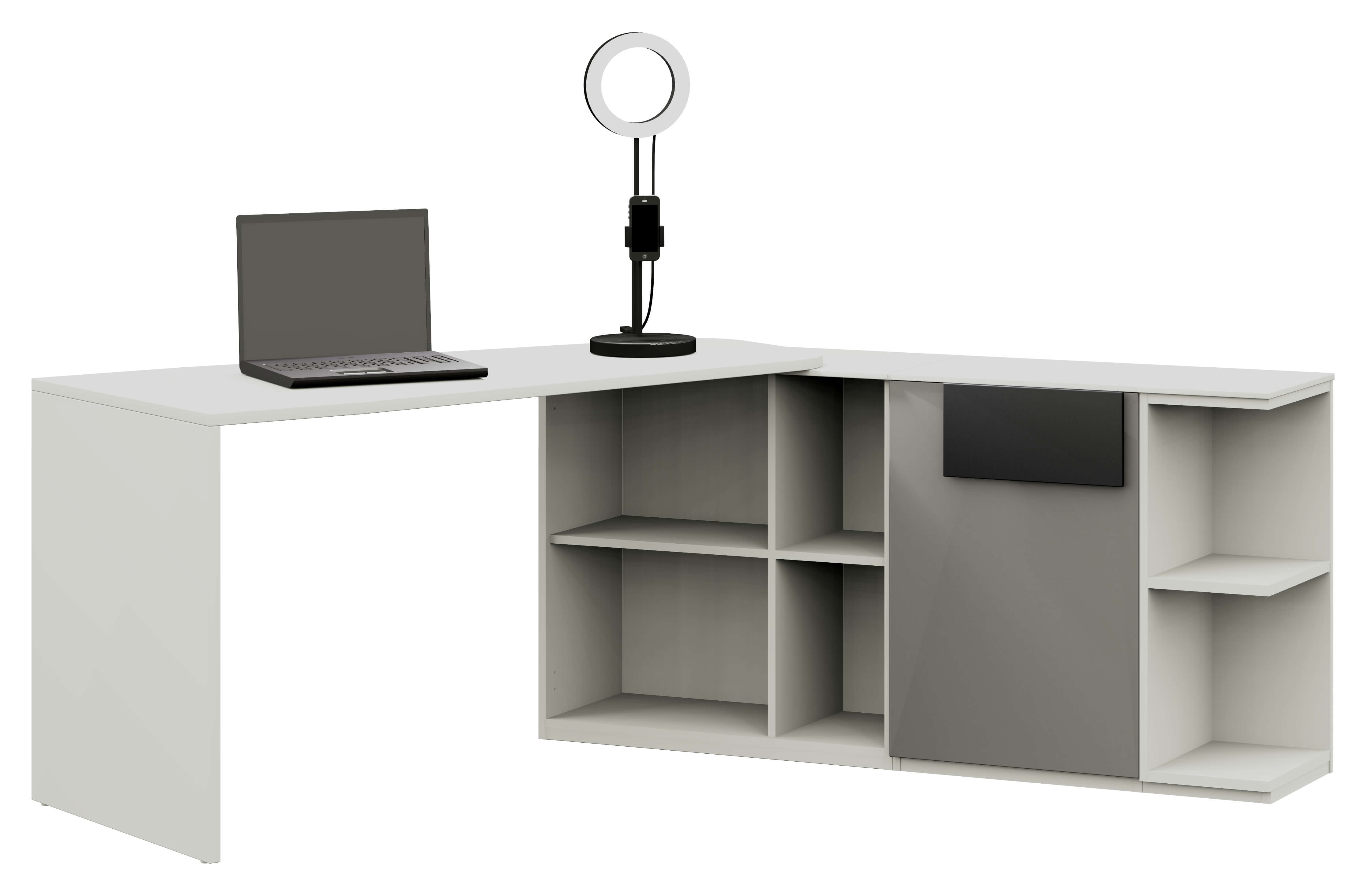 Röhr Bush. clip - Aufsatzschreibtisch mit Sideboard | B: 150,3 cm | weiß | Tür in grau Eckschreibtisch mit Laptop, Ringlicht und integriertem Regal für platzsparende Büroeinrichtung