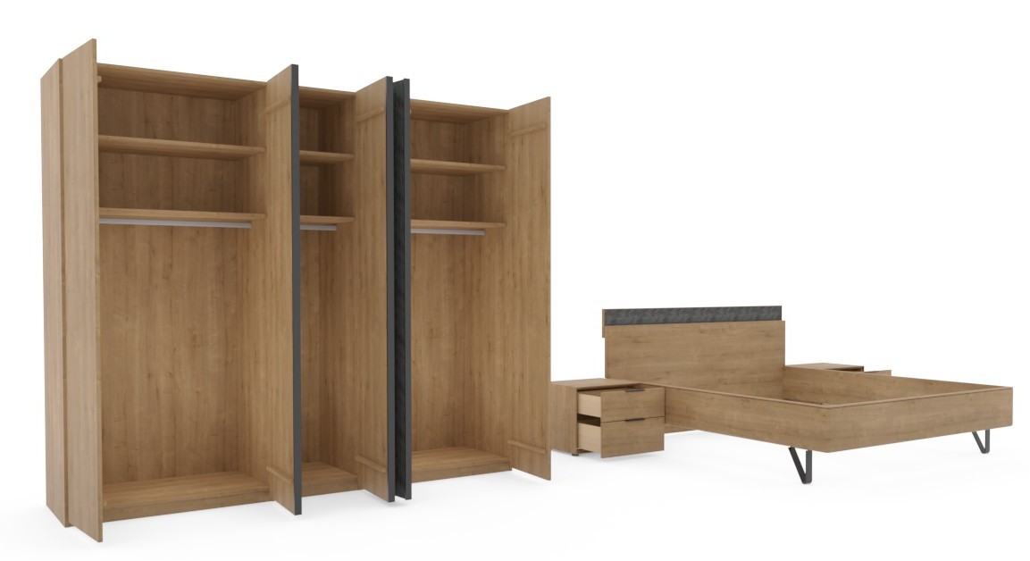 brauner geöffneter Schrank und Bett mit zwei Konsolen vor weißem Hintergrund