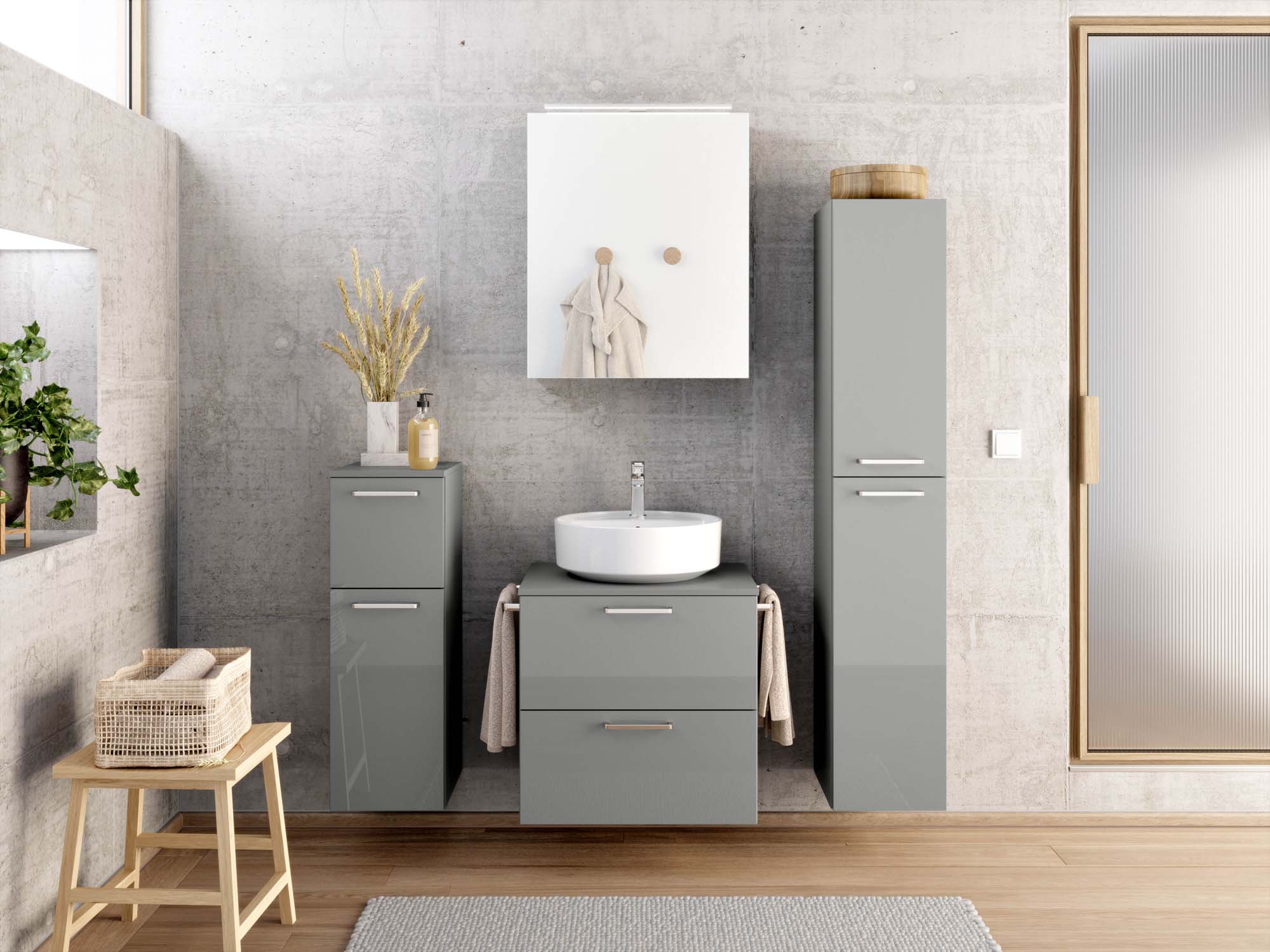 Badezimmermöbel-Set 3 Schränke grau mit Waschtisch und Spiegelschrank nobilia 