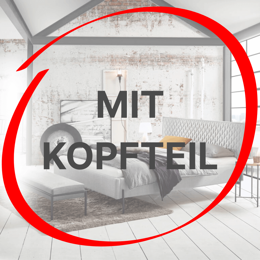 Aufschrift mit Kopfteil in rotem Kreis und Polsterbett mit Kopfteil im Hintergrund